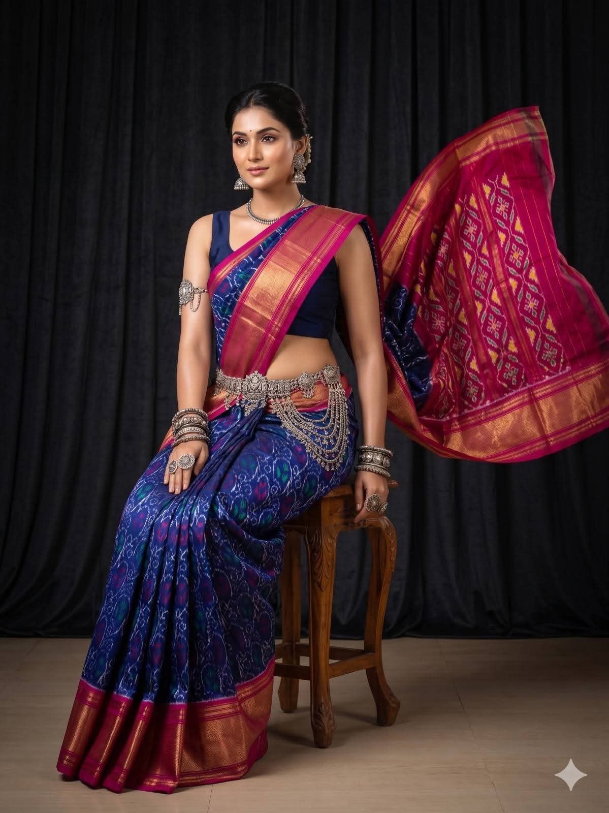 Blue with red border Kalamkari Designer Dola Silk Saree with Jacquard Weaving Border