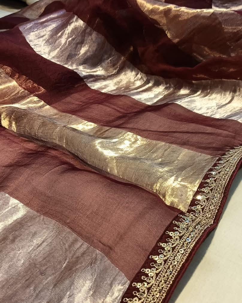 Banarasi Soft Tissue Silk Saree – Stripes Weaving with Lace Elegance