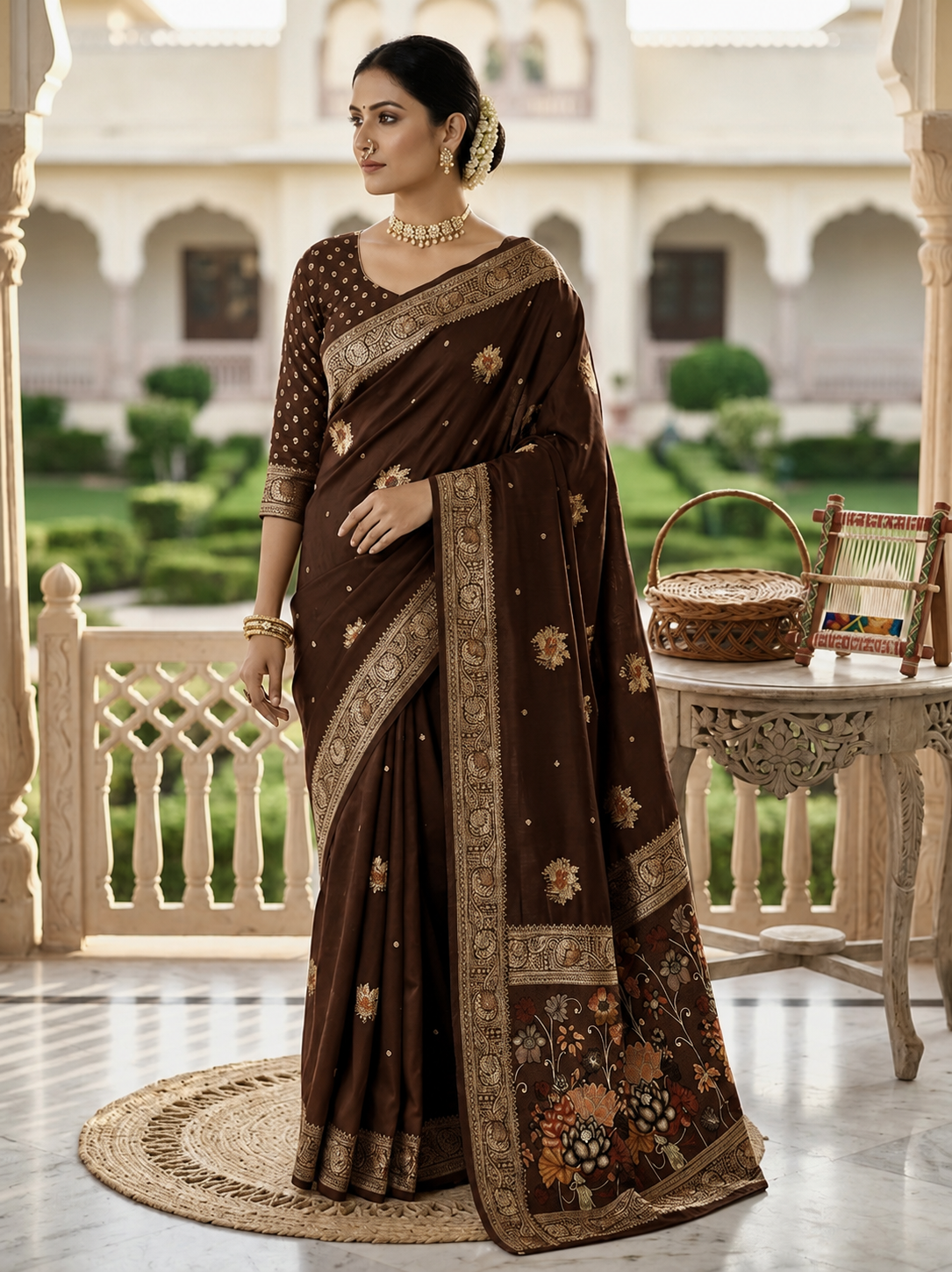Brown Pure Dola Muslin Silk Saree with Meenakari Weaving