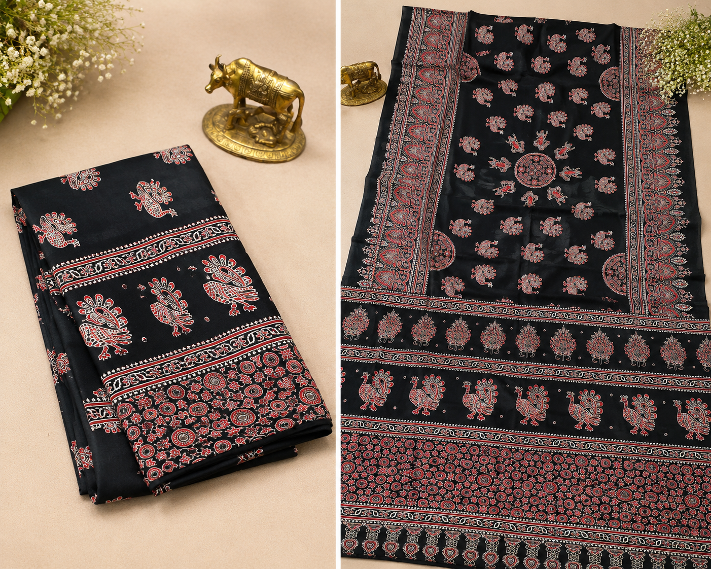 Black Ajrakh Mirror Soft Satin Silk Saree
