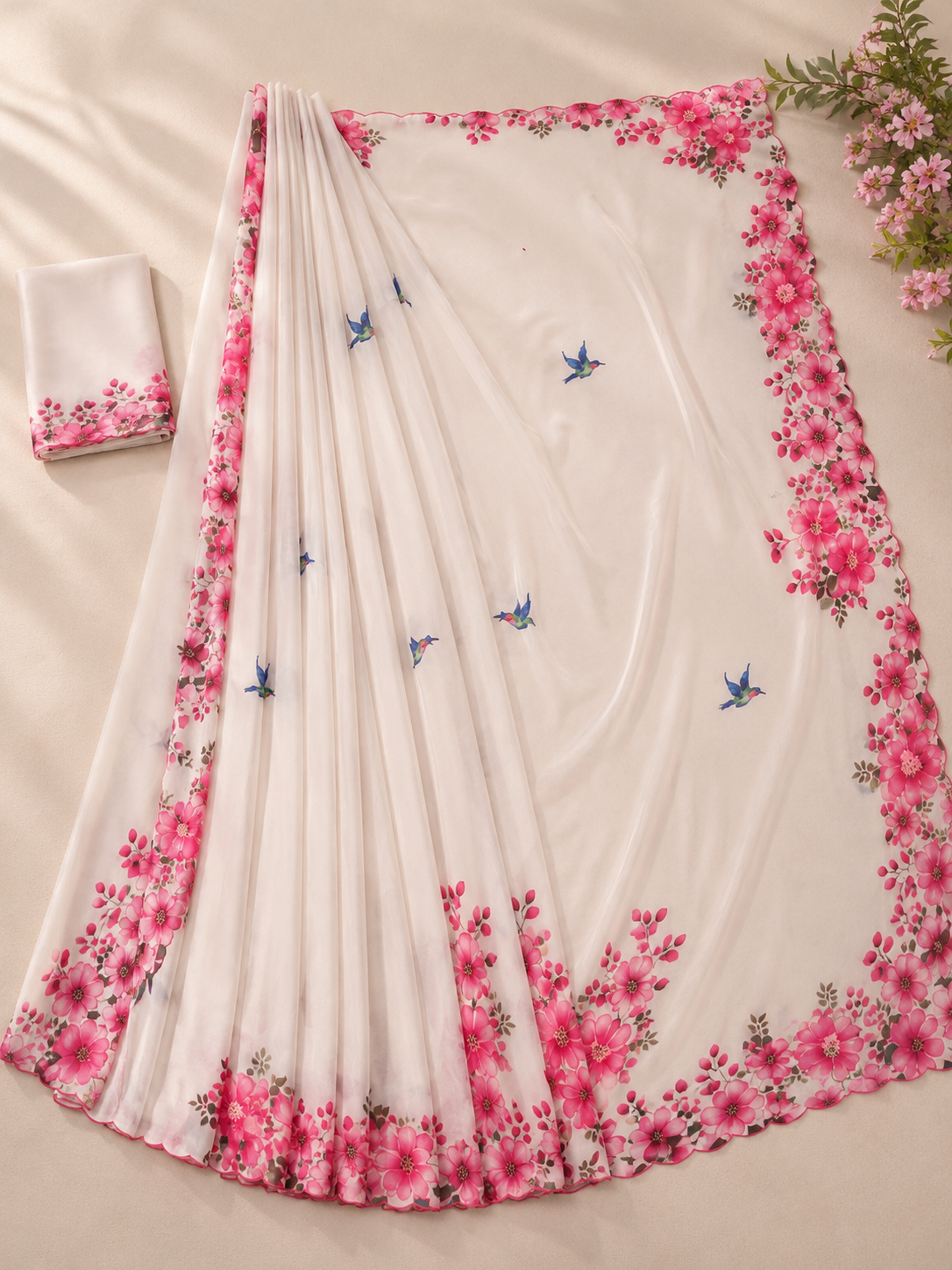 Off white Soft Chinon Floral Print Saree with Contrast Arco Cutwork Border