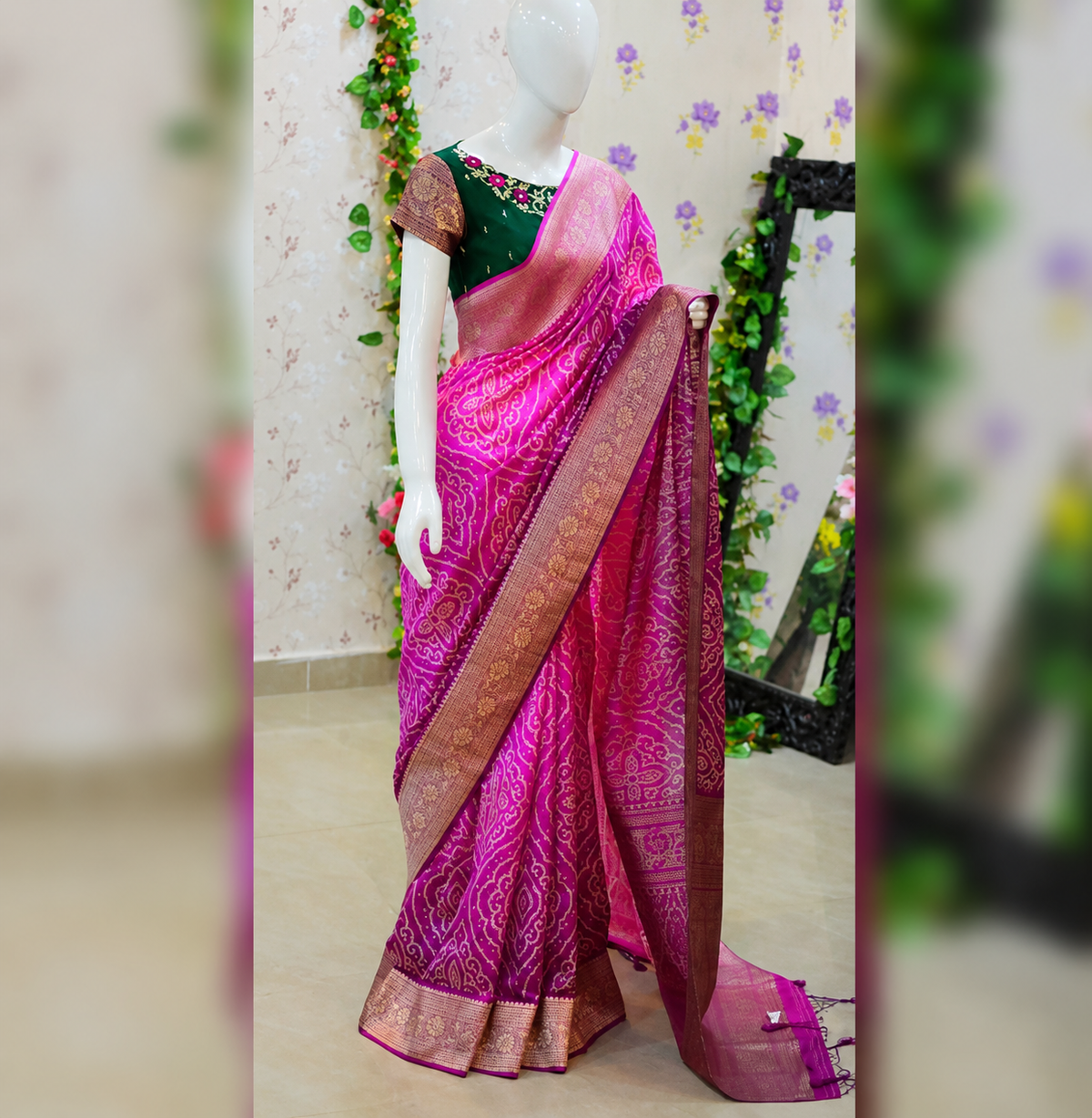 ✨ Pink Maroon Dual Shaded Premium Dola Soft Silk Bandhej Saree