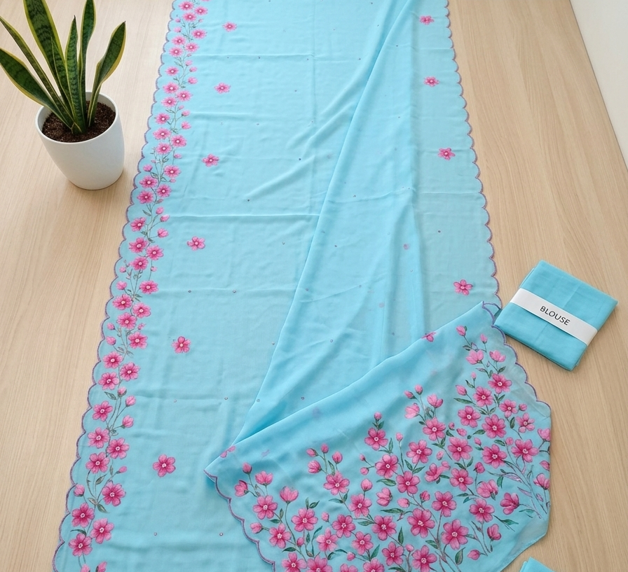 Sky blue Soft Chinon Floral Print Saree with Contrast Arco Cutwork Border