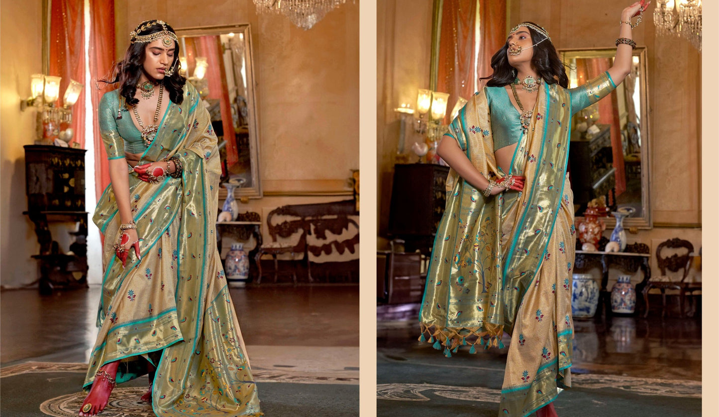 Tissue Silk Organza Saree with Floral Paithani Design & Soft Banaras Finish