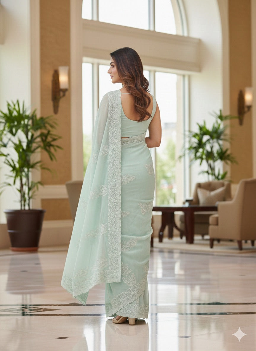 Exclusive Premium Fandy Satin Embroidery Work Saree