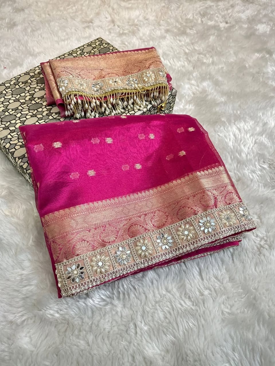Soft Banarasi Tissue Silk Saree – Pearl & Diamond Lace Luxury Collection