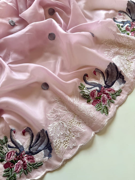 Pastel Perfection – Pure Crystal Tissue Saree with Zari Embroidery & Cutwork