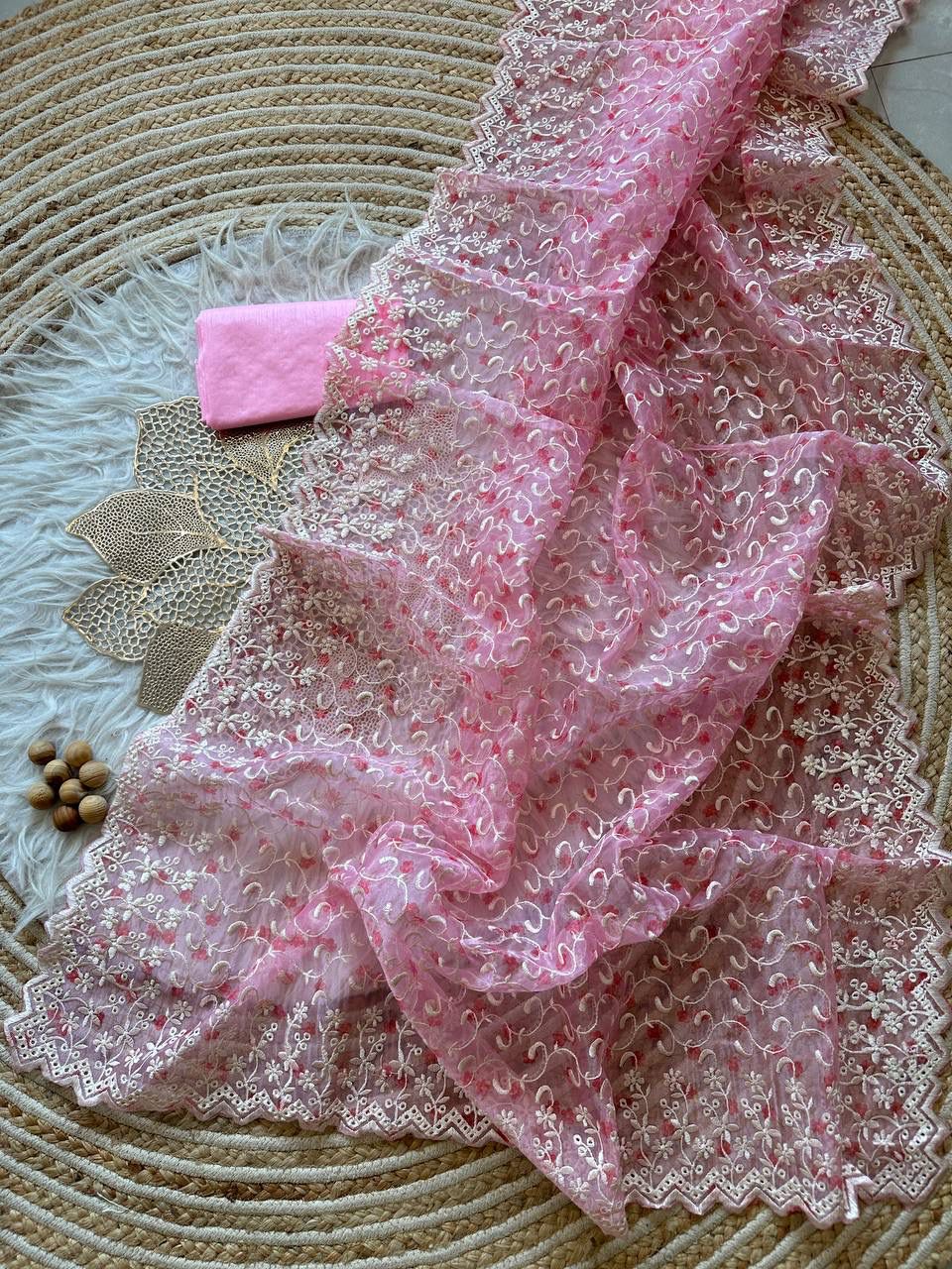 Exclusive Pure Organza Silk Saree with Digital Floral Print & Chikankari Work