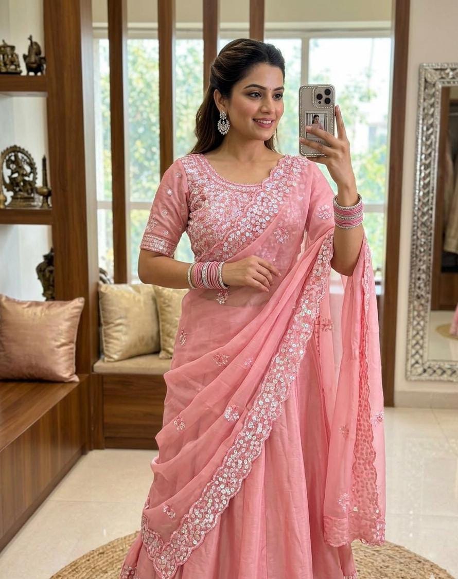 Pure Soft Tabby Organza Hand Sequence Work Saree