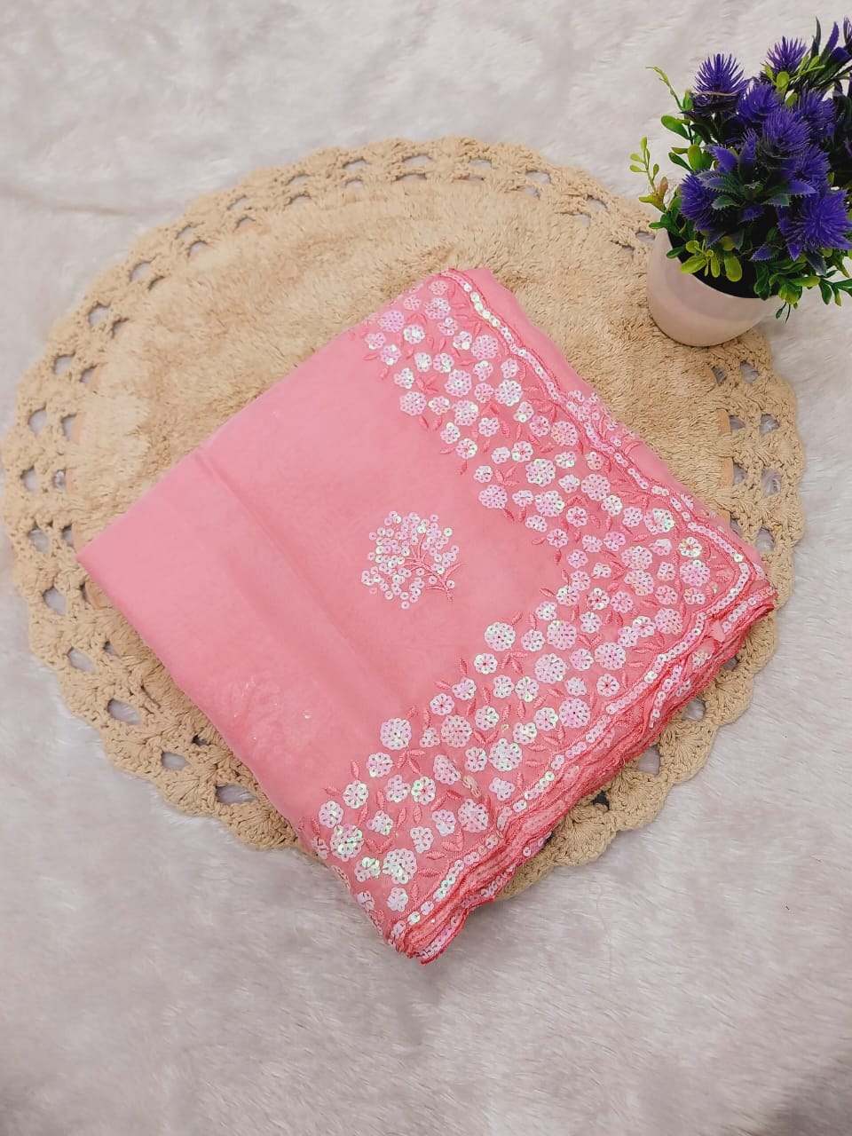 Pure Soft Tabby Organza Hand Sequence Work Saree