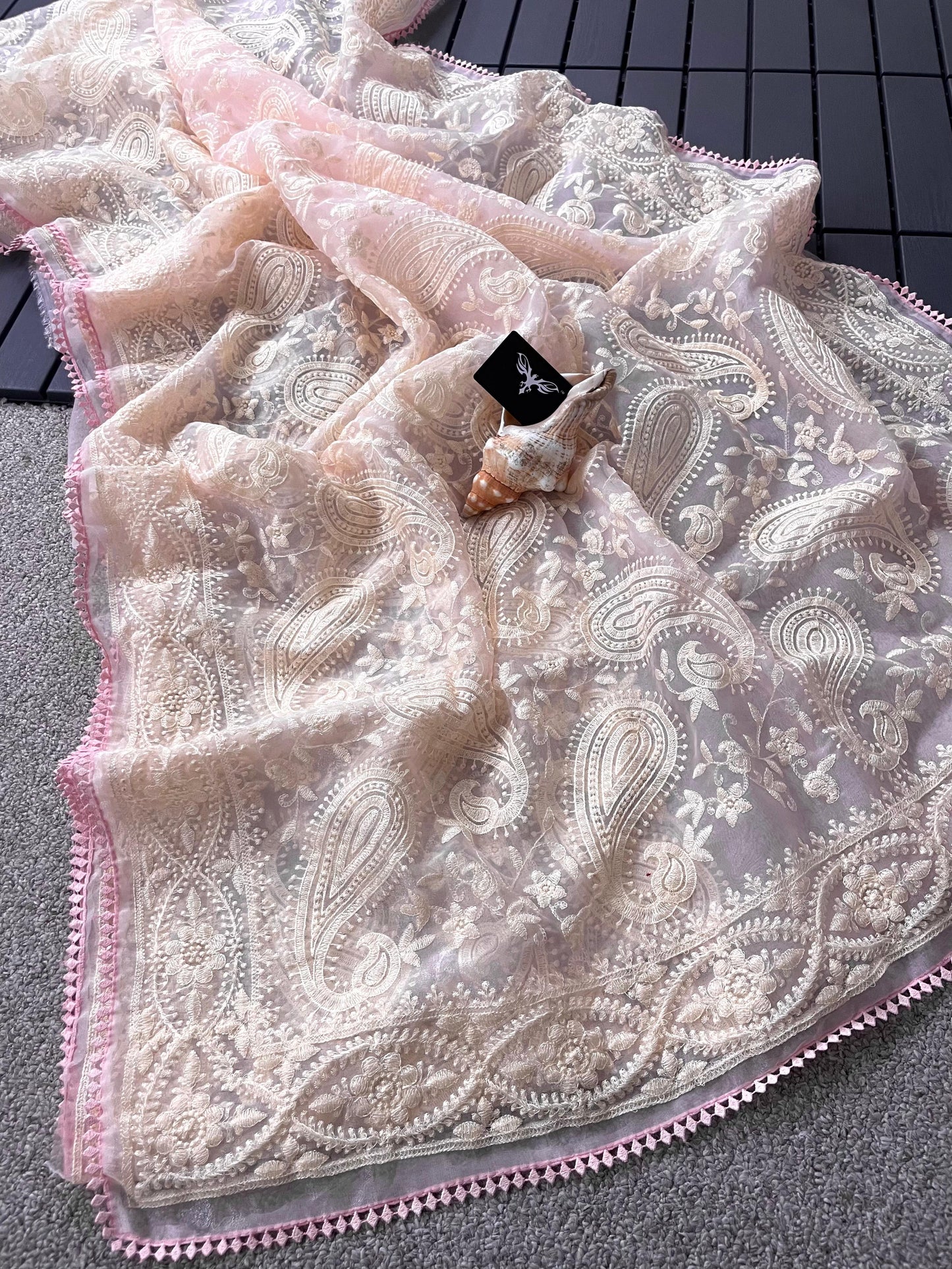 Pure Organza Tissue Chikankari Saree with GOP Lace Border