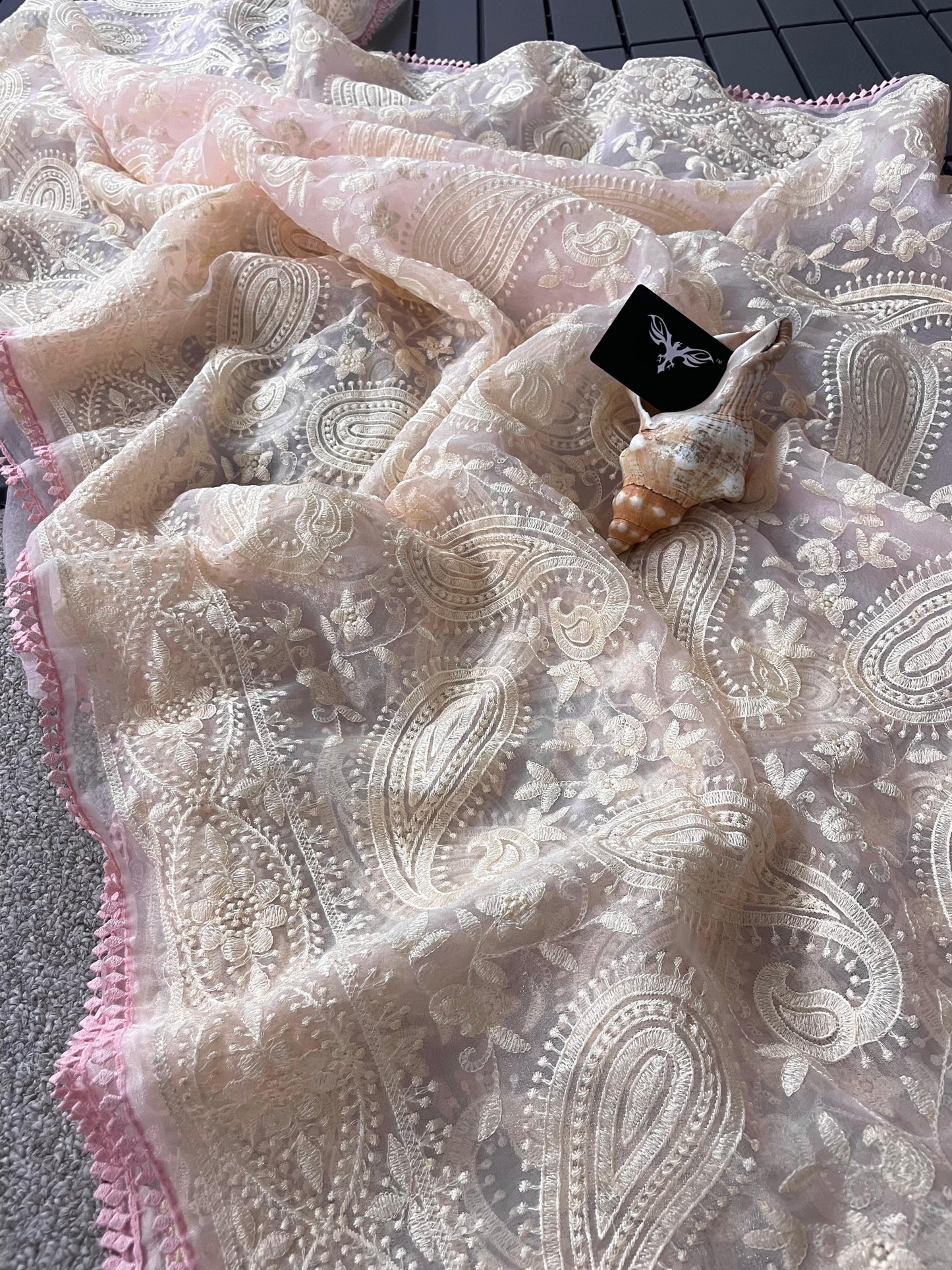 Pure Organza Tissue Chikankari Saree with GOP Lace Border