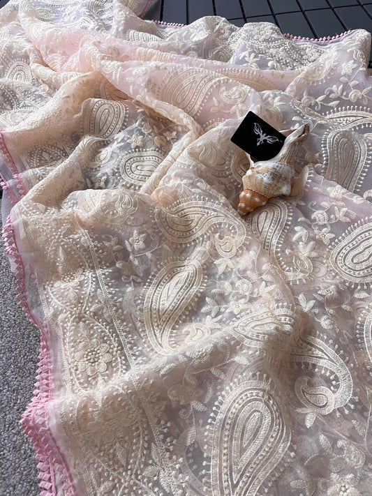 Pure Organza Tissue Chikankari Saree with GOP Lace Border