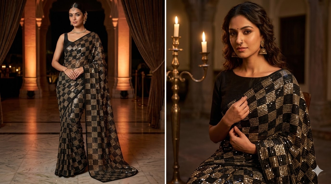 Black Glam Sequins Saree – Premium Faux Georgette Heavy Embroidery Party Wear Saree with Mono Silk Banglori Blouse