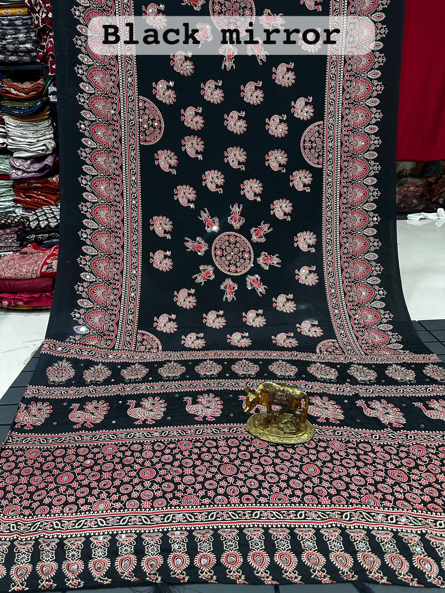 Black Ajrakh Mirror Soft Satin Silk Saree