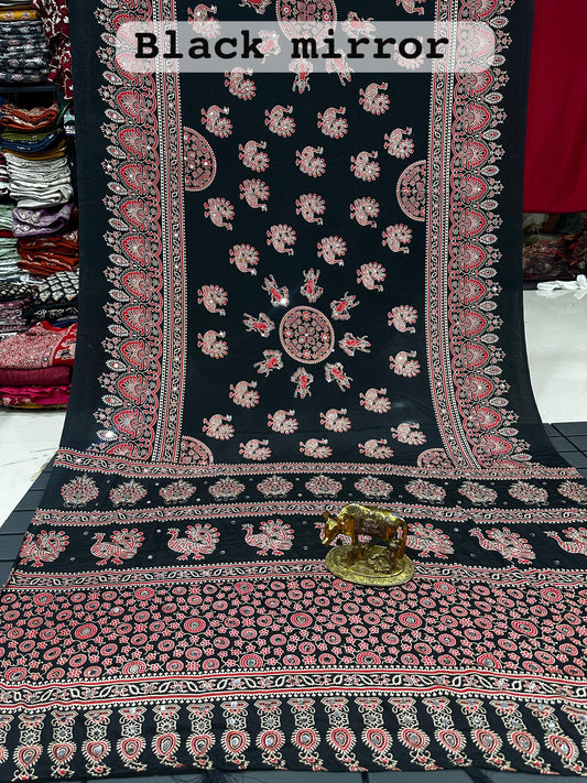 Black Ajrakh Mirror Soft Satin Silk Saree