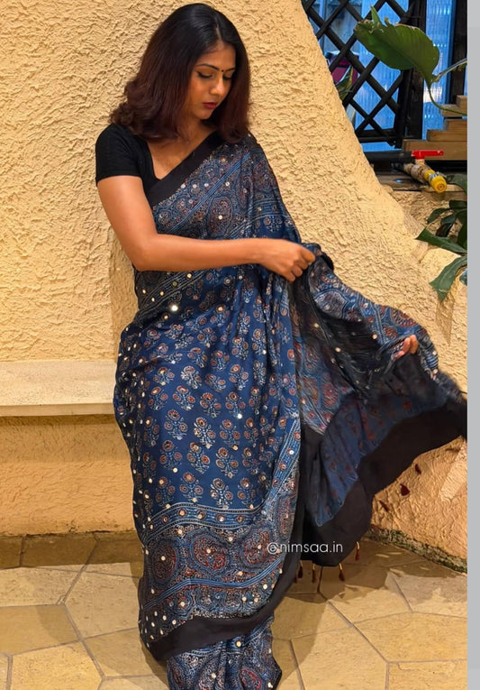 New Designer Ajrak Printed Soft Crepe Silk Saree with Original Mirror Handwork