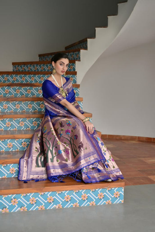 Blue Soft Banarasi Silk Paithani Saree