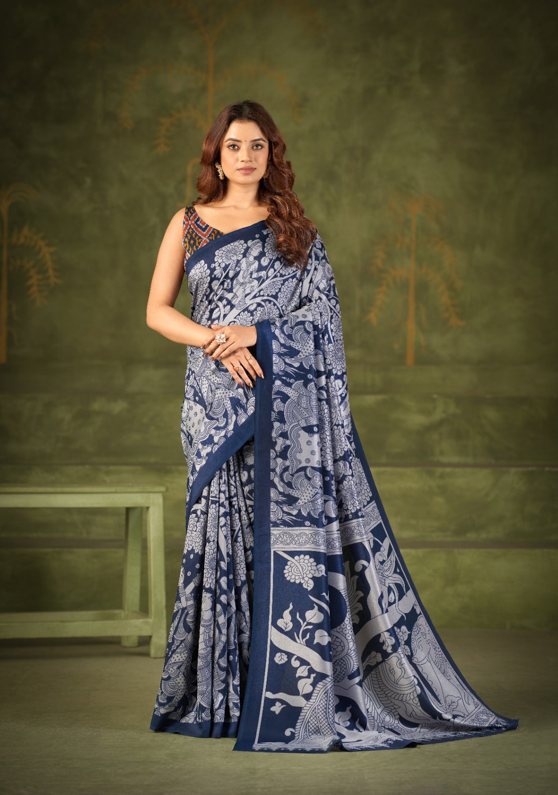Elegant Tasar Silk Kalamkari Saree with Ikkat Blouse – A Perfect Blend of Tradition & Sophistication