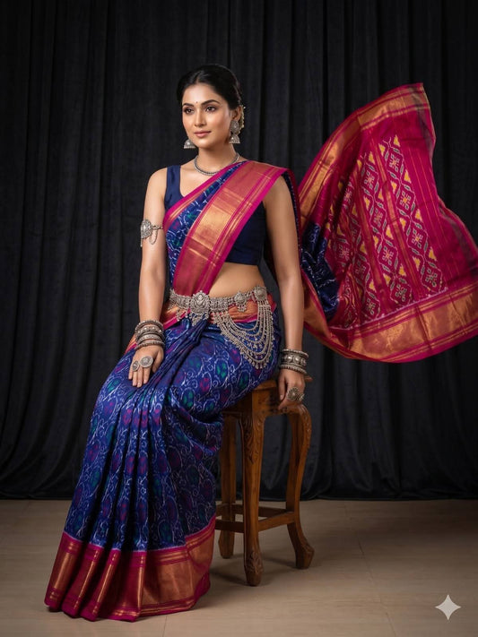 Blue with red border Kalamkari Designer Dola Silk Saree with Jacquard Weaving Border