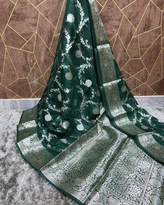 Green Banarasi Soft Warm Silk Saree with All-Over Jaal Weaving