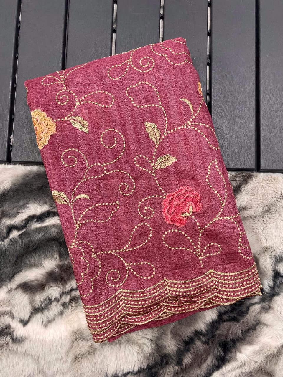 Pure Tussar Silk Embroidery Jaal Saree with Floral Design & Cutwork Border