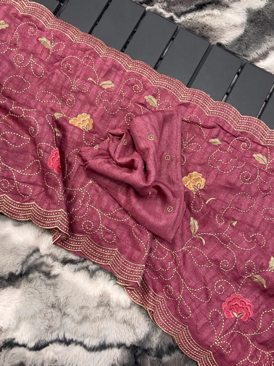 Pure Tussar Silk Embroidery Jaal Saree with Floral Design & Cutwork Border