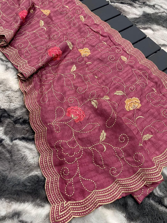 Pure Tussar Silk Embroidery Jaal Saree with Floral Design & Cutwork Border