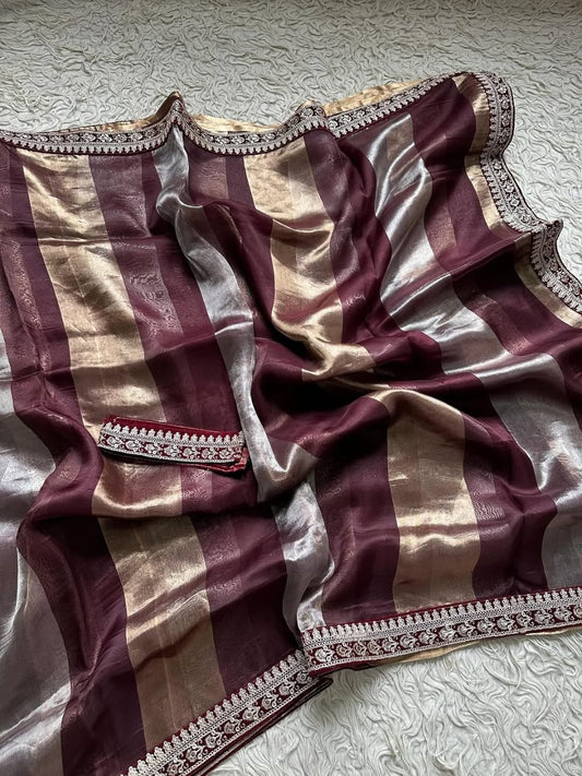 Banarasi Soft Tissue Silk Saree – Stripes Weaving with Lace Elegance