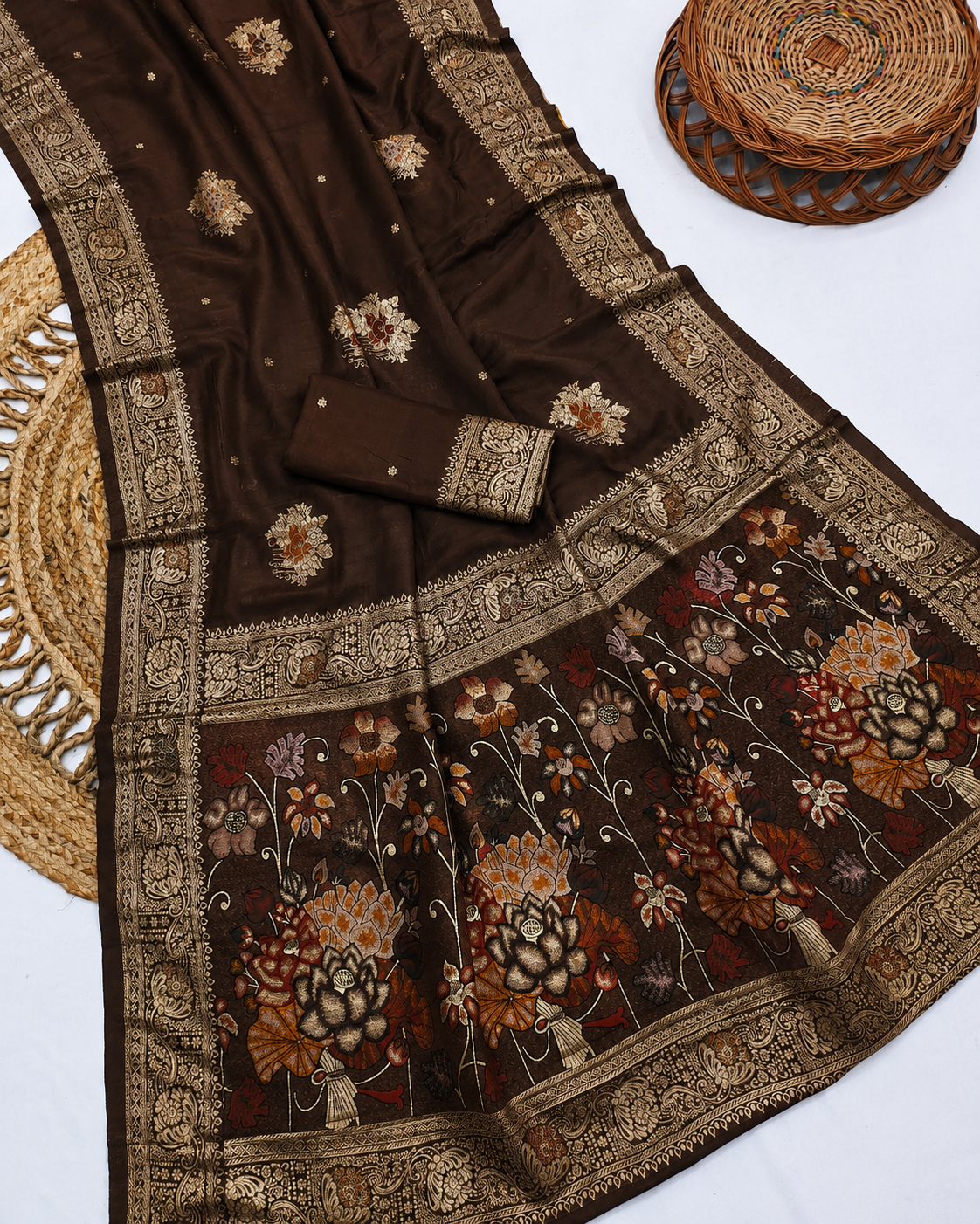Brown Pure Dola Muslin Silk Saree with Meenakari Weaving
