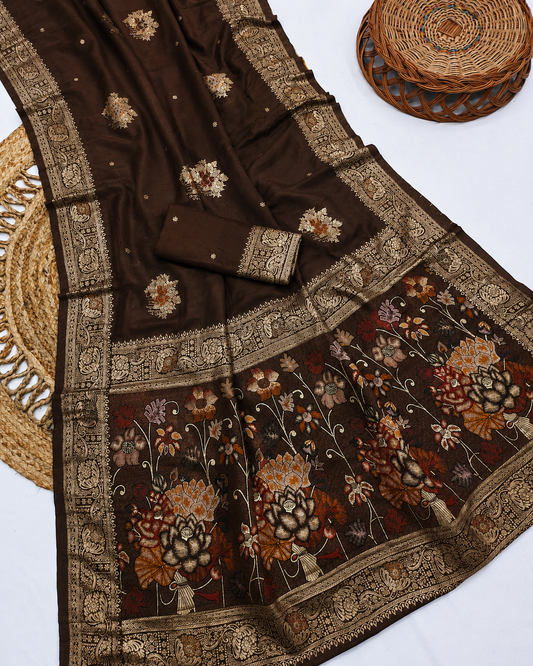 Brown Pure Dola Muslin Silk Saree with Meenakari Weaving