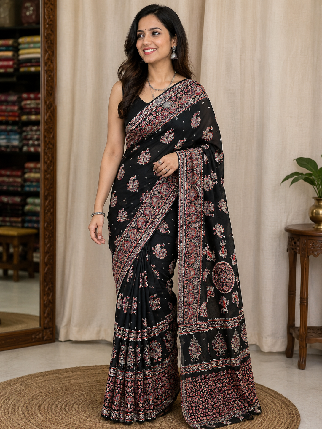 Black Ajrakh Mirror Soft Satin Silk Saree