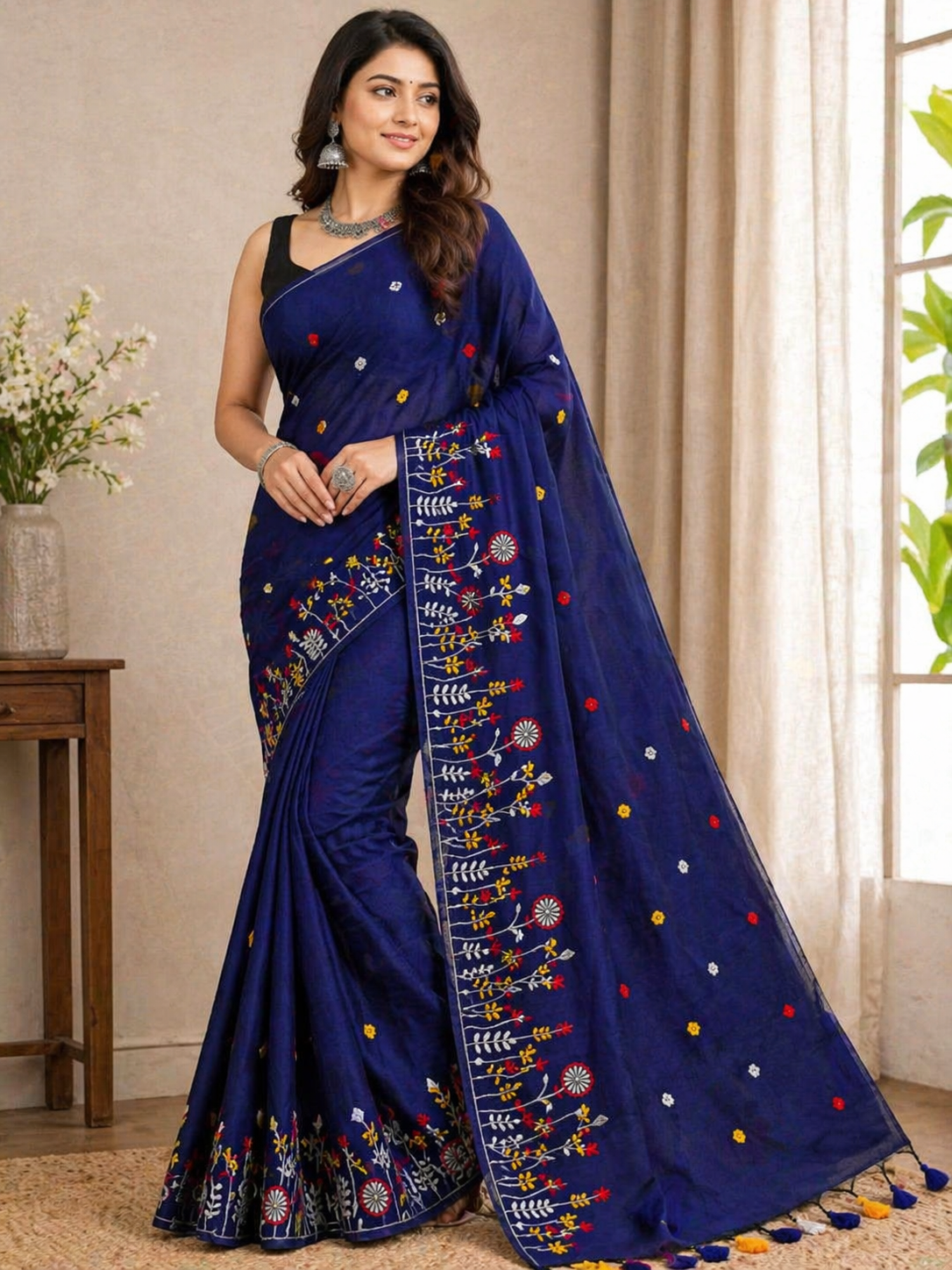 Khadi Cotton Embroidery Design Saree
