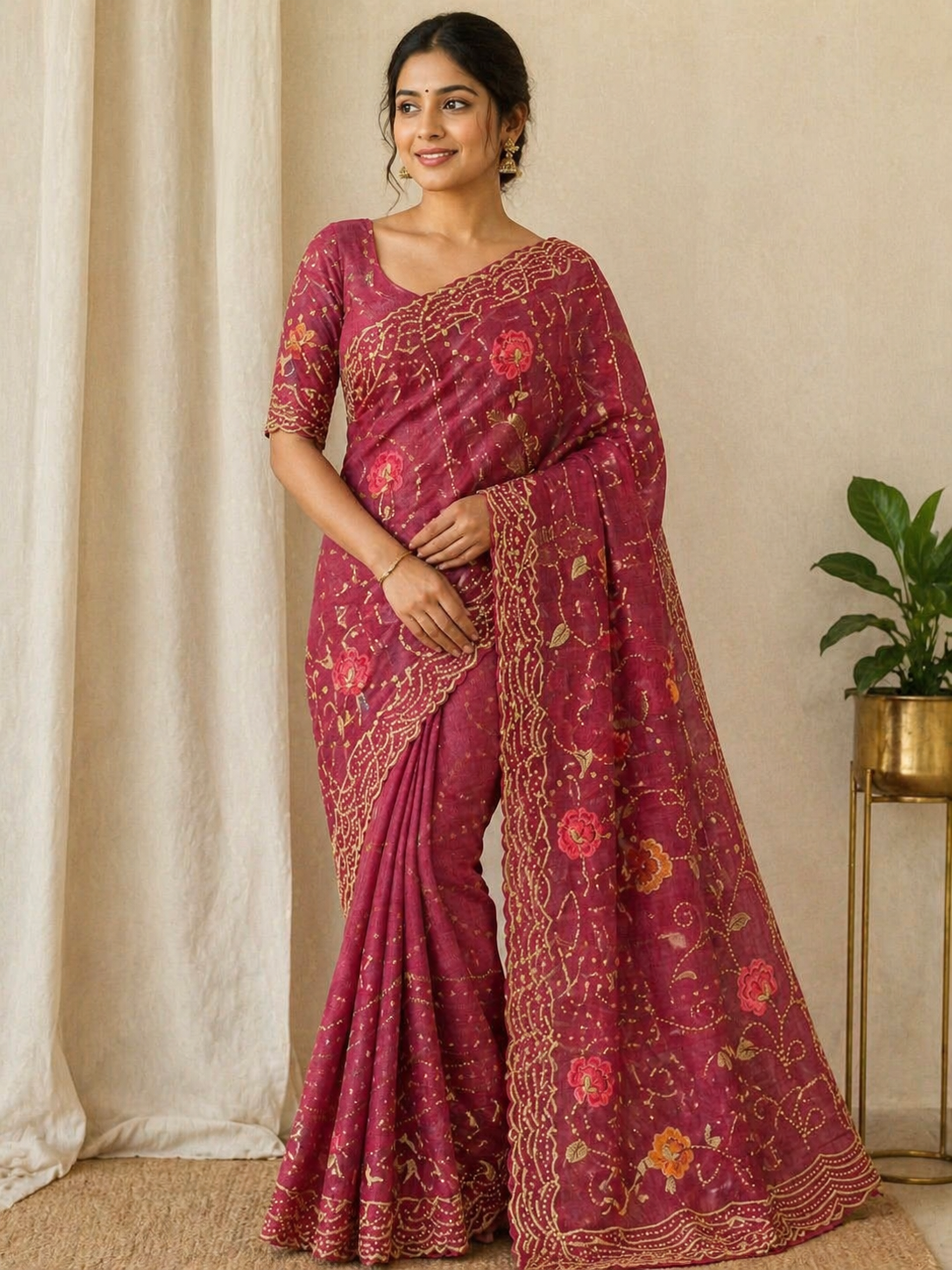 Pure Tussar Silk Embroidery Jaal Saree with Floral Design & Cutwork Border