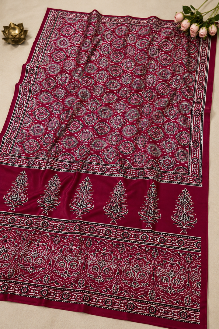 Red Modal Satin Ajrakh Print Saree