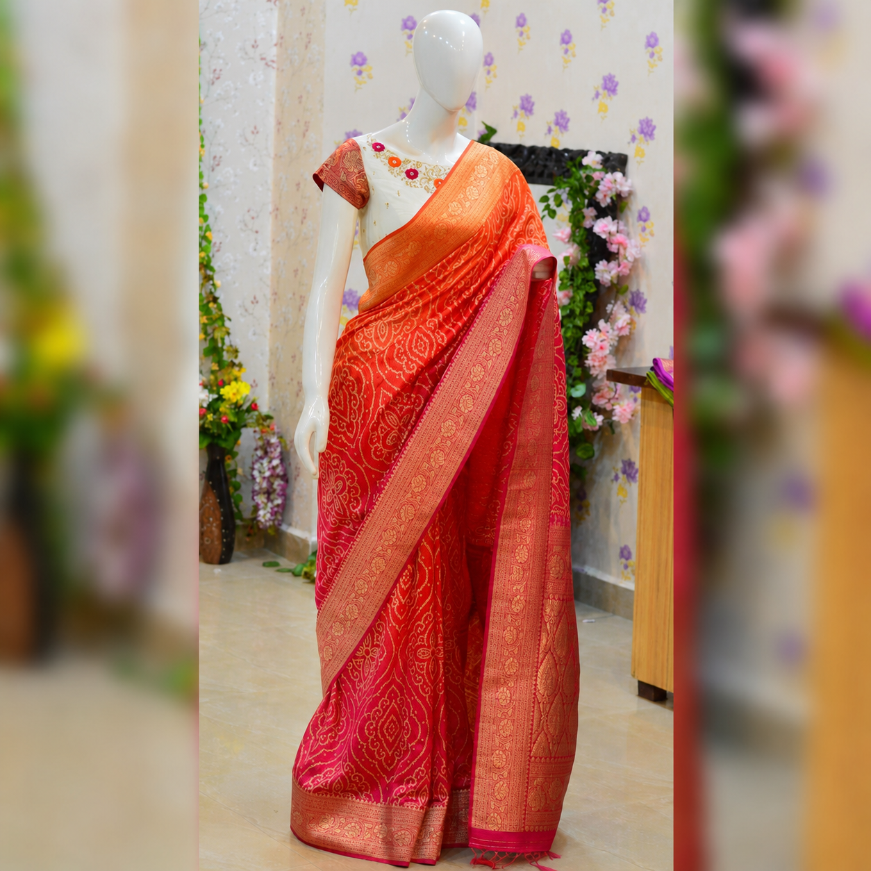 ✨ Orange Pink Dual Shaded Premium Dola Soft Silk Bandhej Saree