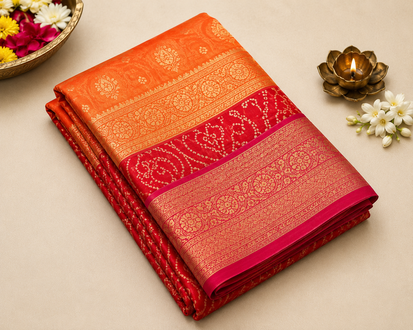 ✨ Orange Pink Dual Shaded Premium Dola Soft Silk Bandhej Saree