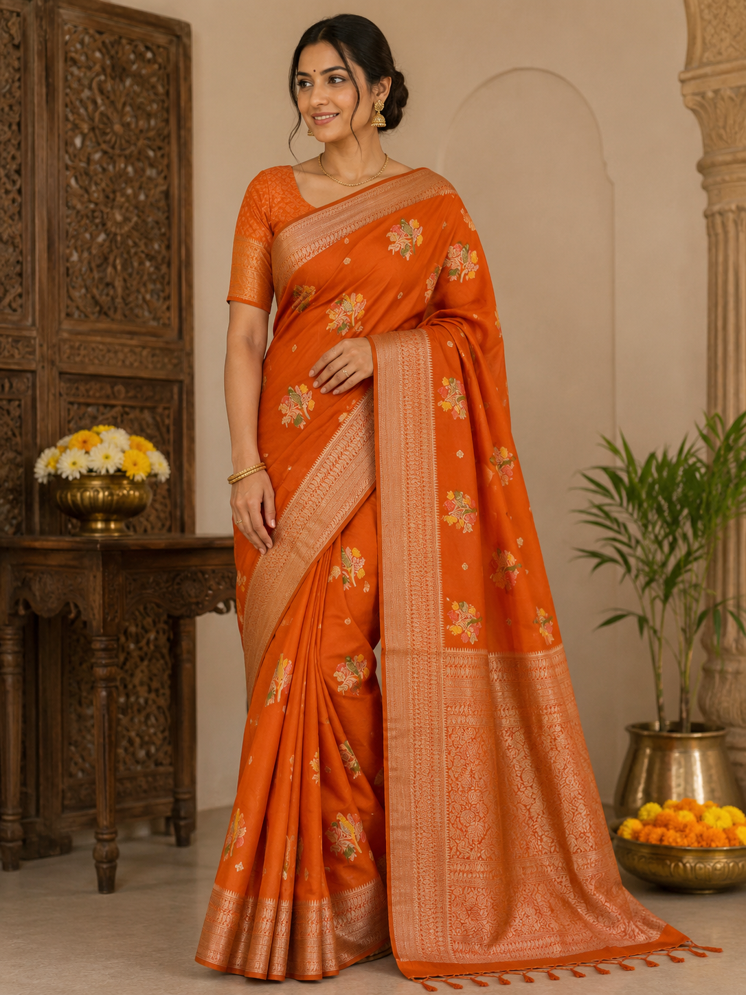Orange Hand Dyed Parrot Meenakari Khaddi Crepe Georgette Saree