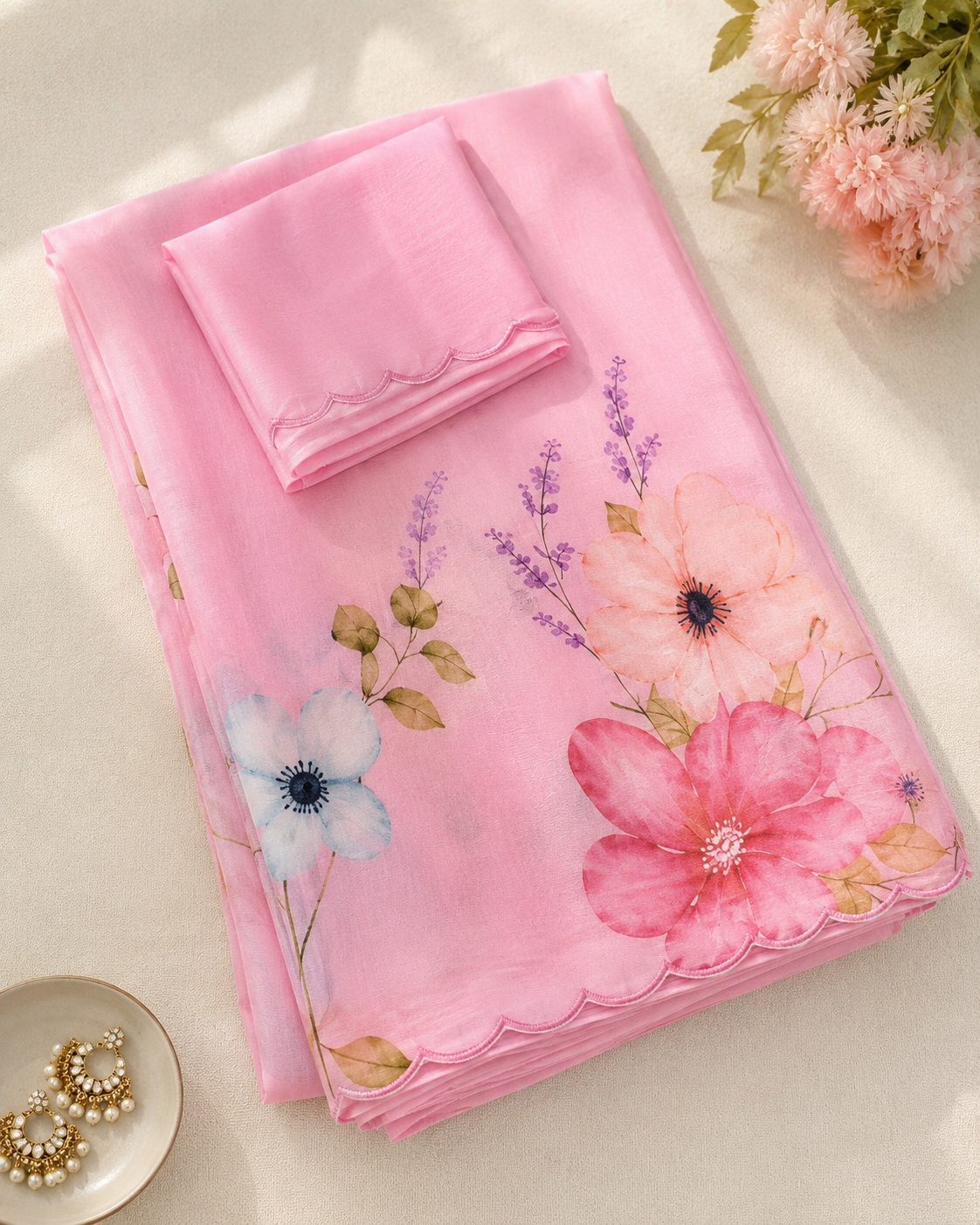 Baby pink Soft Chinon Floral Print Saree with Contrast Arco Cutwork Border