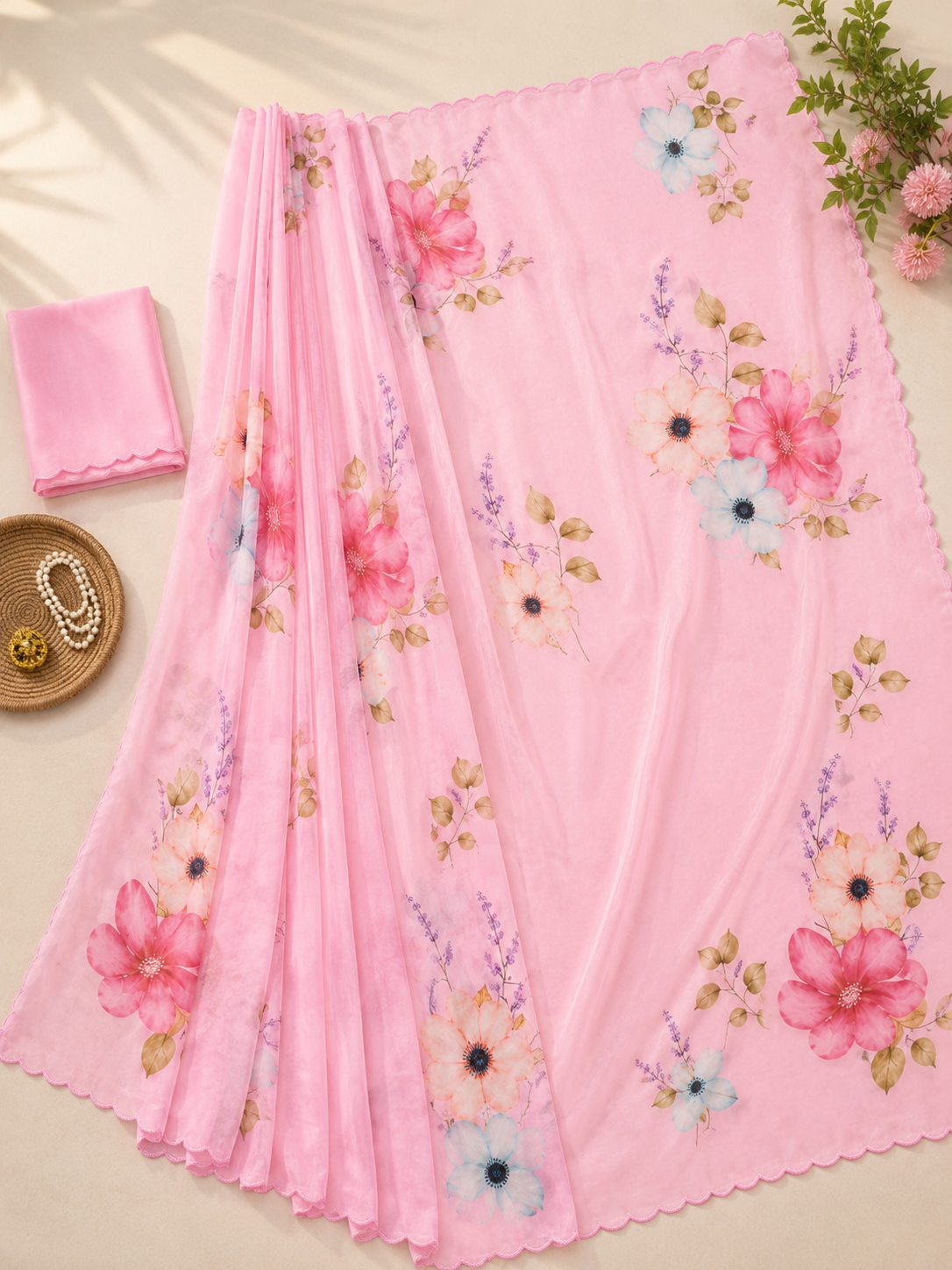 Baby pink Soft Chinon Floral Print Saree with Contrast Arco Cutwork Border