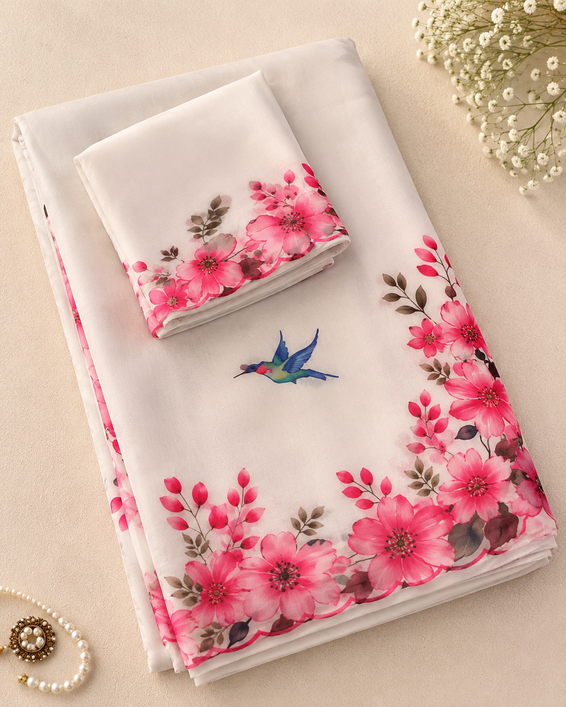 Off white Soft Chinon Floral Print Saree with Contrast Arco Cutwork Border