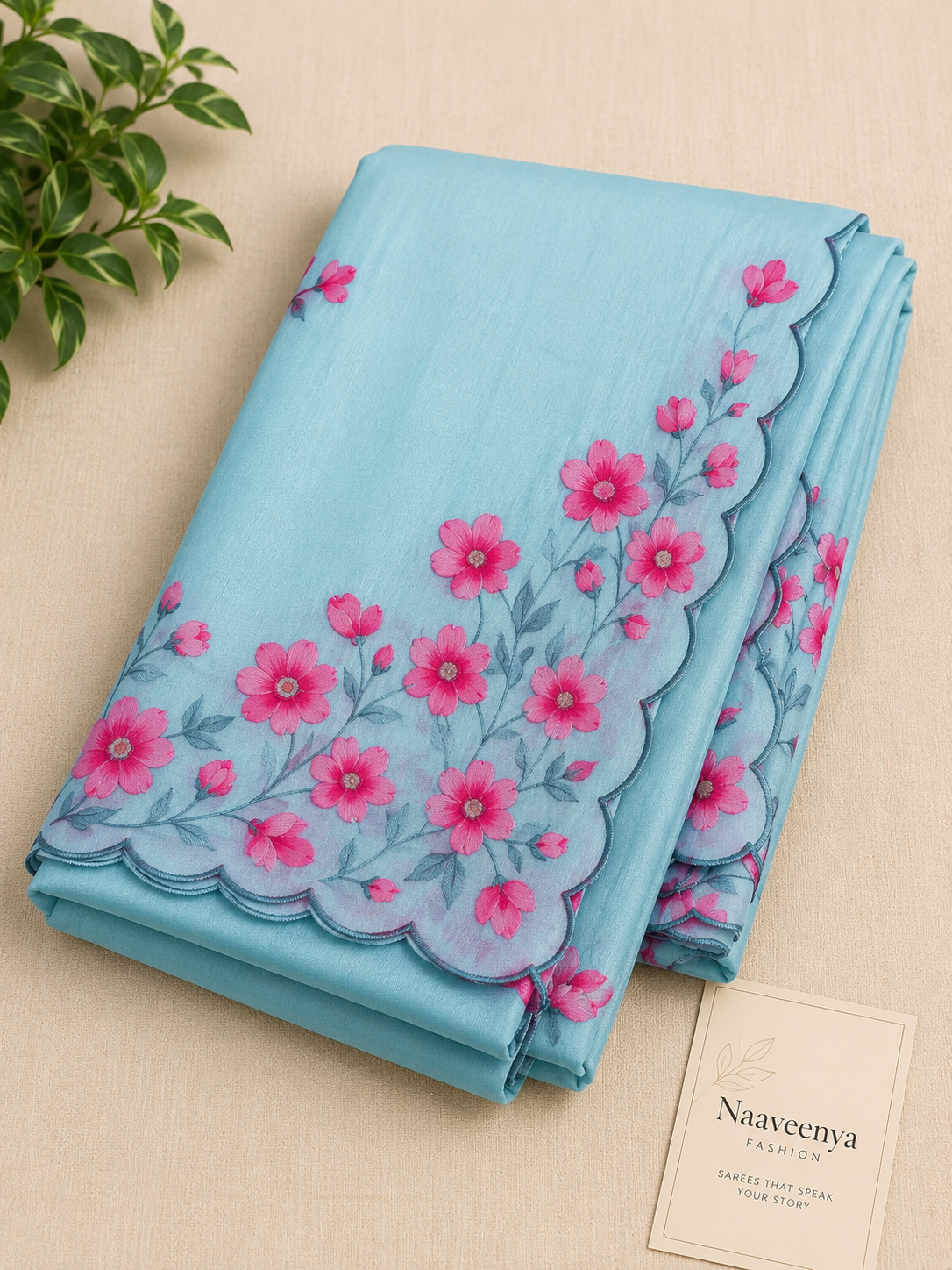 Sky blue Soft Chinon Floral Print Saree with Contrast Arco Cutwork Border