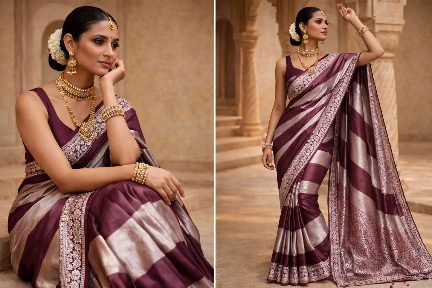 Banarasi Soft Tissue Silk Saree – Stripes Weaving with Lace Elegance