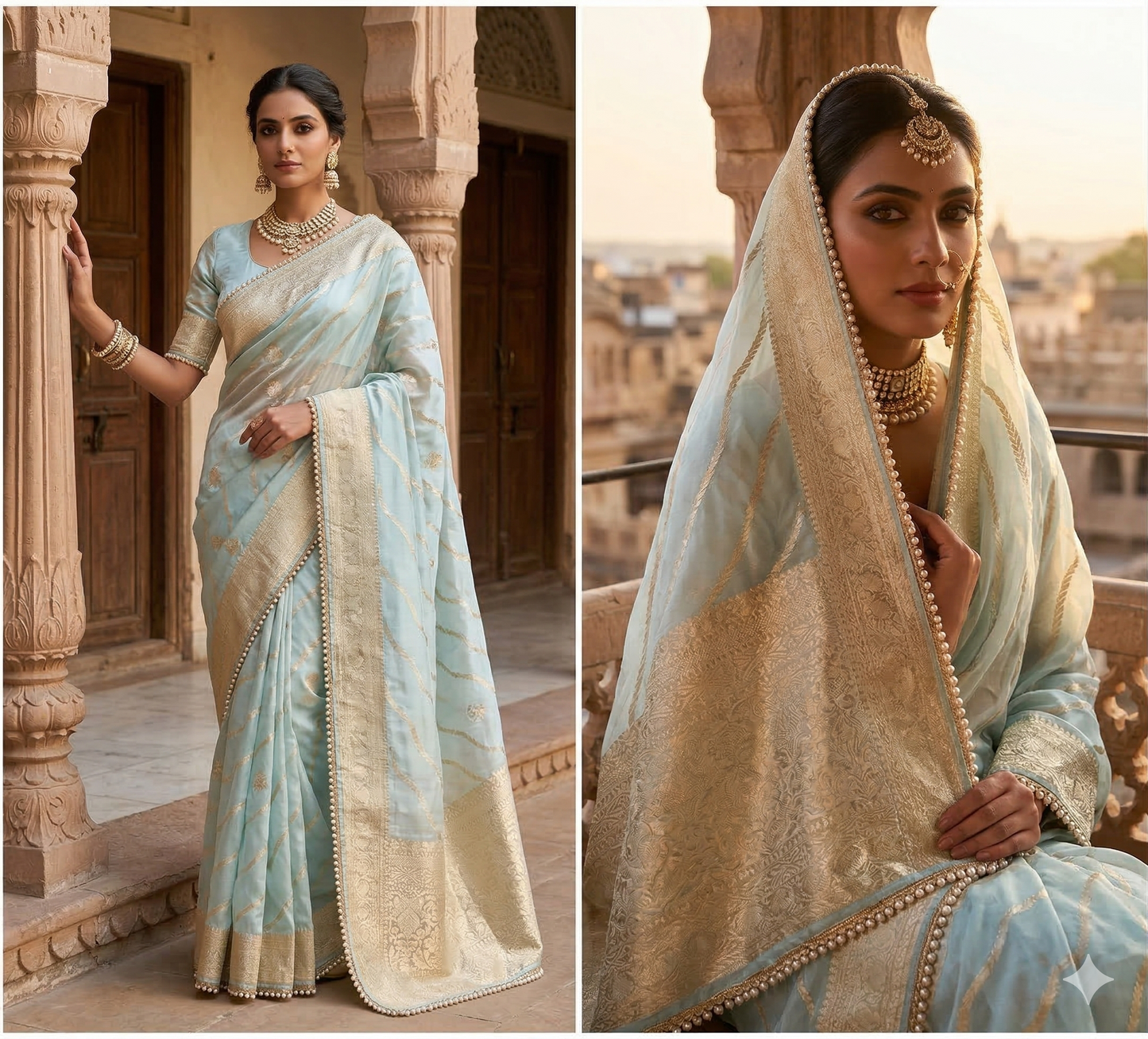 Celebrity Inspired Banarasi Organza Tissue Silk Saree with Lace Border & Blouse | Lightweight Festive Partywear Saree