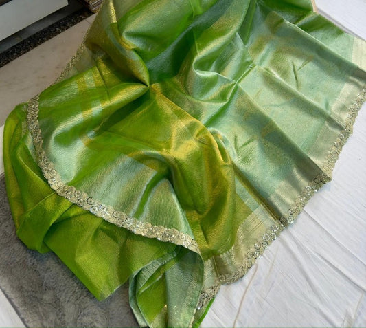 Premium Banarasi Crushed Tissue Silk Saree with Lace Border & Blouse | Lightweight Festive Designer Saree