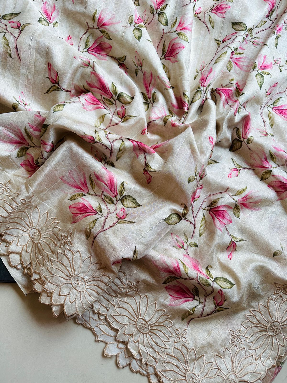 Exclusive Pure Tussar Silk Floral Cutwork Saree — Summer Elegance Collection