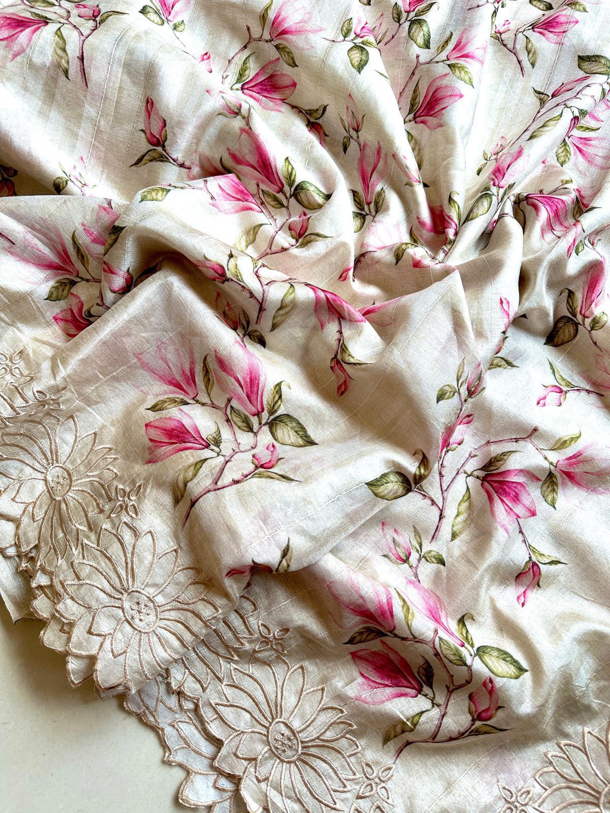 Exclusive Pure Tussar Silk Floral Cutwork Saree — Summer Elegance Collection