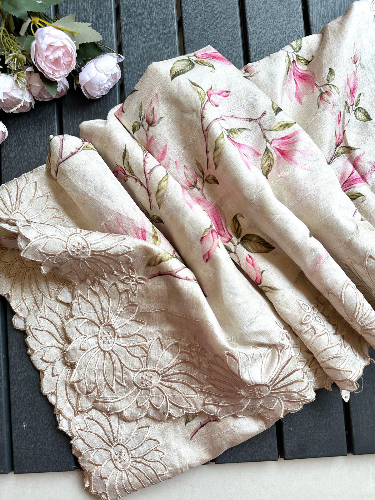 Exclusive Pure Tussar Silk Floral Cutwork Saree — Summer Elegance Collection