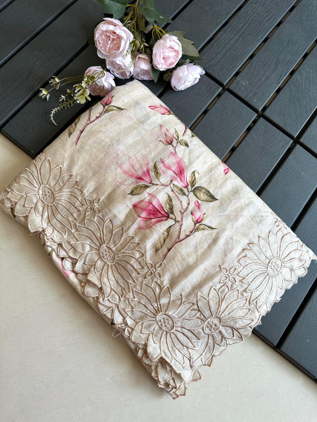 Exclusive Pure Tussar Silk Floral Cutwork Saree — Summer Elegance Collection