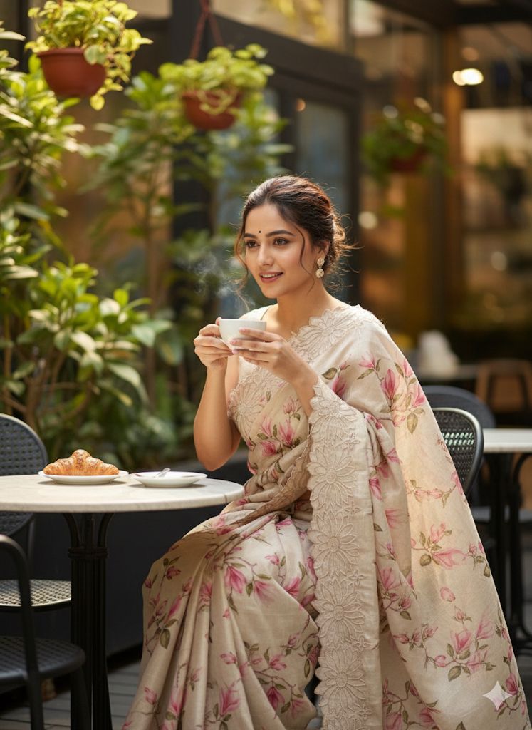 Exclusive Pure Tussar Silk Floral Cutwork Saree — Summer Elegance Collection